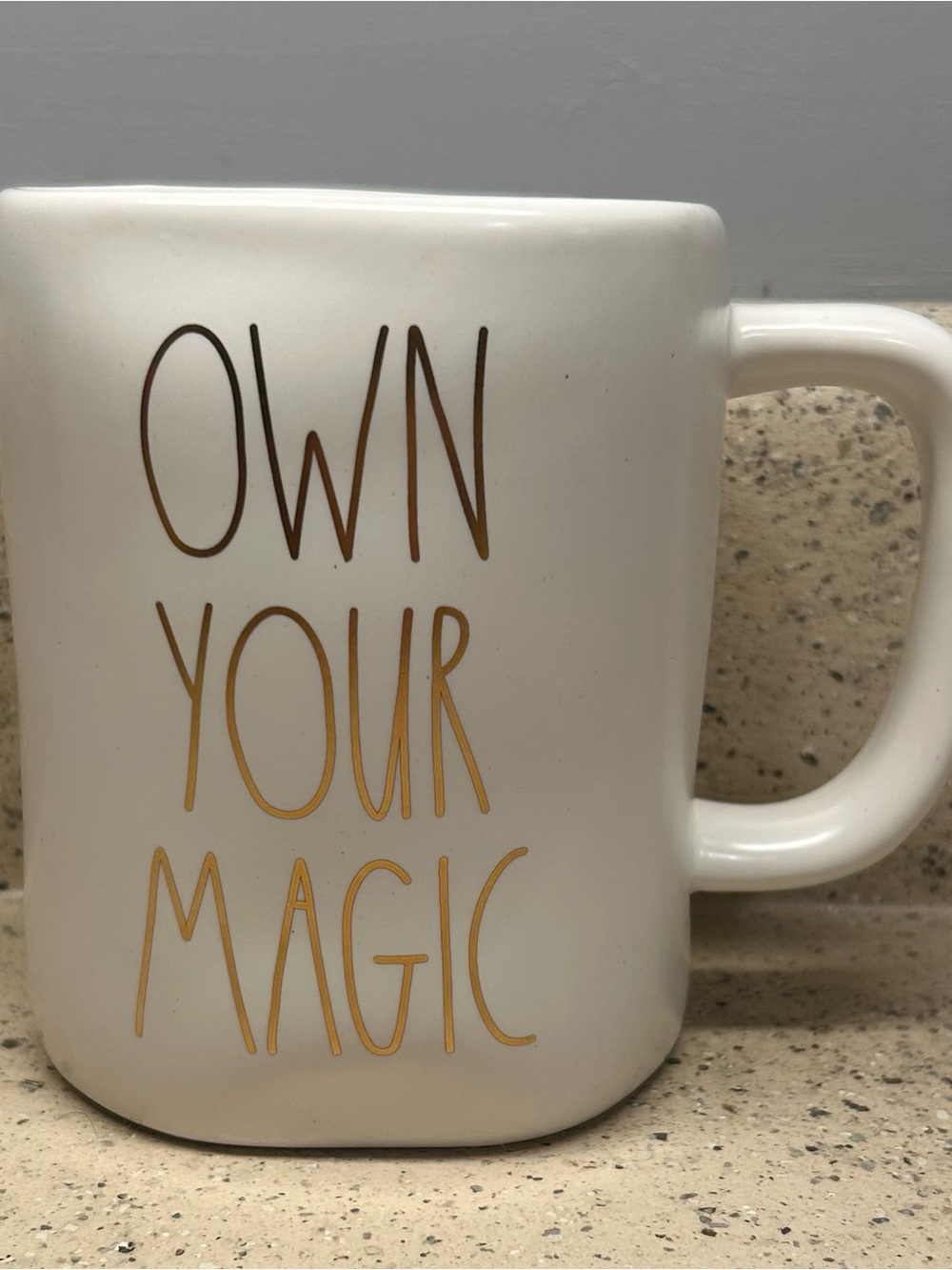 Rae Dunn “Own Your Magic” White Ceramic Mug with Gold Lettering